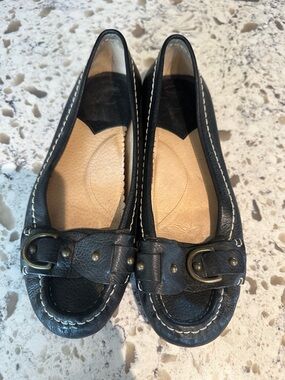 Frye Women's Black Leather Moccasin Flats with Buckle Accent